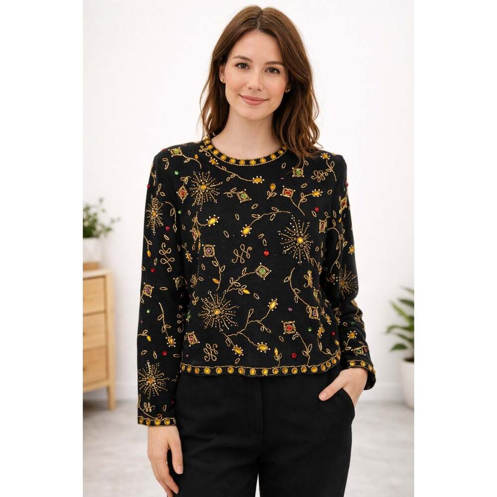Destinee Womens Vintage Beaded Rhinestone Long Sleeve Wool Blend Sweater sz S